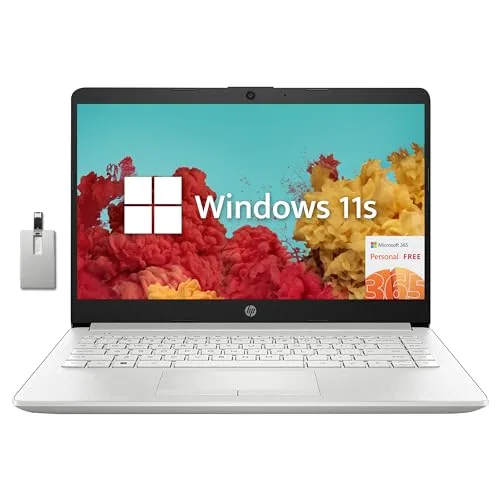 HP Stream 14" HD Laptop, Intel Celeron N4120, 4GB RAM, 64GB eMMC, Intel UHD Graphics 600, 1 Year Office 365, HD Camera, Wi-Fi 5, Bluetooth, Fast Charge, Windows 11 S, Silver, 32GB Hotface USB Card