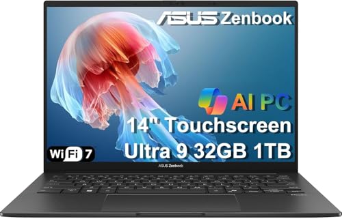 ASUS Zenbook 14 AI PC OLED Touchscreen Laptop, Intel Ultra 9 285H, 32GB DDR5, 1TB SSD, 14" FHD+, 16-Core (> i9-13900H), Backlit, 2x Thunderbolt 4, Wi-Fi 7, 18-Hr Battery, IR Webcam, Win 11 Pro, UX3405