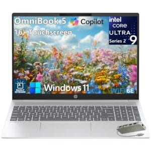 HP OmniBook 5 Touchscreen Laptop Computer, AI PC, Intel Ultra 9 285H, 32GB LPDDR5X 5600 MT/s, 1TB PCIe SSD, 16" FHD+, Bluetooth 5.3, Backlit Keyboard, Windows 11 Home, Glacier Silver, Type-C Hub